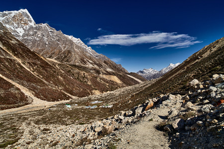 Himalayas mountain landscape with buildings below. View of Himalaya peaks. Gangotri glacier Gaumukh, India.の写真素材