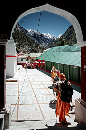 Gangotri, Uttarakhand - September 2017. Ð group of hindu pilgrims walking to the source of the holy river Ganges. North India.のeditorial素材