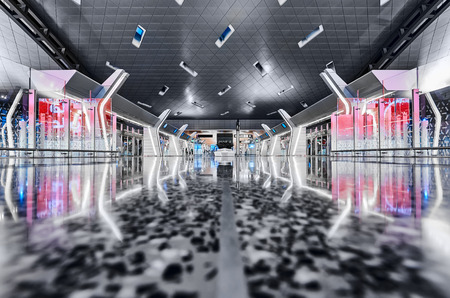 Doha, Qatar - November 2017: Interior shot of departure terminal of Hamad International Airport. The international airport of Doha, home of Qatar airways. Creative and high quality image.のeditorial素材