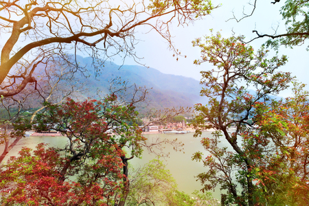 Rishikesh, holy town and travel destination in India. River side view.の写真素材