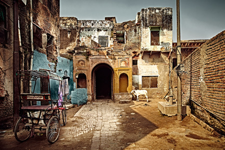 Old street of holy indian town Vrindavan. Uttar Pradesh, India.のeditorial素材