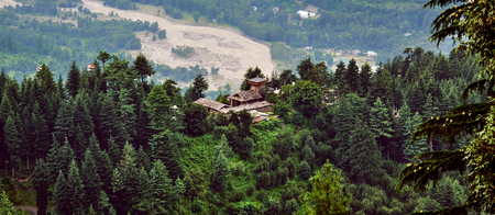 Aerial view of Kullu Valley with Krishna temple. Traditional countryside Krishna temple in Naggar. Himachal pradesh, north part of India.のeditorial素材