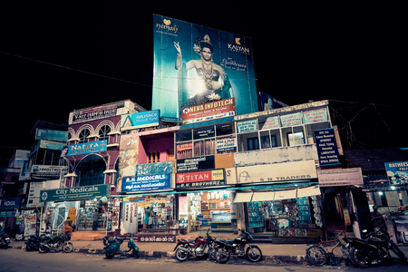 Varkala, Kerala / India â November 30, 2017: Night time in Varkala city. Night lifestyle in town area.のeditorial素材