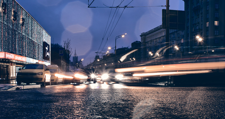 Moscow, Russia - November 3, 2018: Night traffic in Moscow. Long exposure street scenes.のeditorial素材