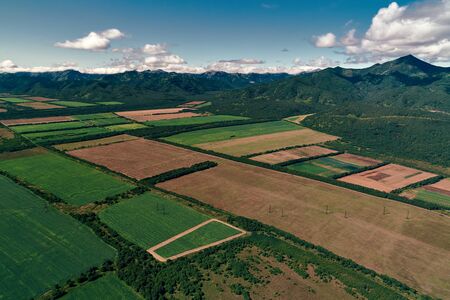 Aerial view of farm fields valley in the Kamchatka in Russia. Wide angle.の写真素材