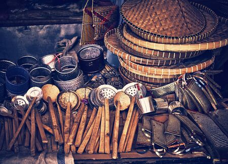 Household goods at local market. View from above. Household items for everyday rural life.の写真素材