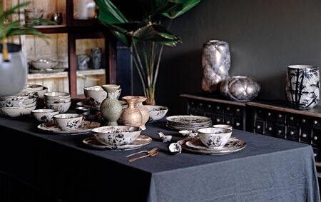 Bali, Indonesia - 12 Dec 2019: An decorative ceramic dining set in the interior home. Very nicely...
