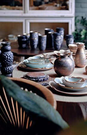Showcase of handmade ceramic pottery in a art marketの写真素材