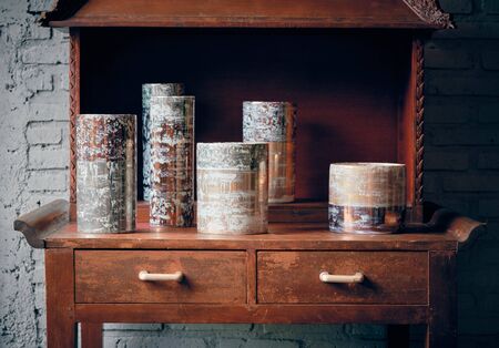 Ceramic vases set in interior. Decorative ceramic pottery in a art store.の写真素材