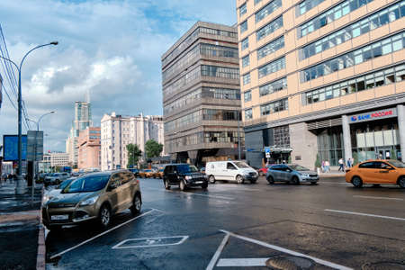 Moscow, Russia - Jul 2020: General landscape view at tradition Moscow architecture. City life on the main streets of the city. The citizens go on their own business. Automobile traffic.のeditorial素材