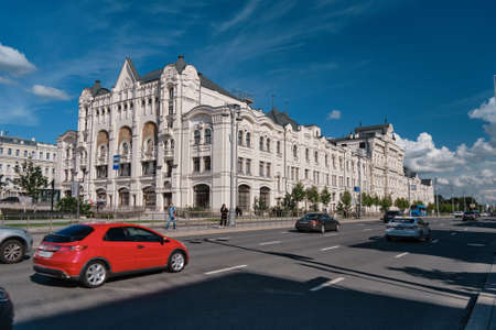 Moscow, Russia - 23 Jul 2020: General landscape view at tradition Moscow architecture. City life on the central streets of the city. The citizens go on their own business. Automobile traffic.のeditorial素材