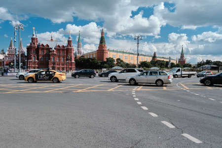 Moscow, Russia - 23 Jul 2020: General landscape view at tradition Moscow architecture. City life on the central streets of the city. The citizens go on their own business. Automobile traffic.のeditorial素材