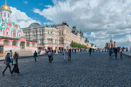 Moscow, Russia - 23 Jul 2020: General landscape view at tradition Moscow architecture. City life on the central streets of the city. The citizens go on their own business. Automobile traffic.のeditorial素材