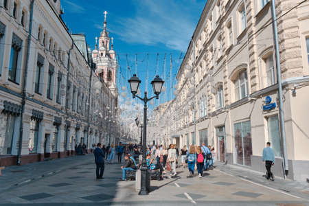 Moscow, Russia - 23 Jul 2020: General landscape view at tradition Moscow architecture. City life on the central streets of the city. The citizens go on their own business. Automobile traffic.のeditorial素材