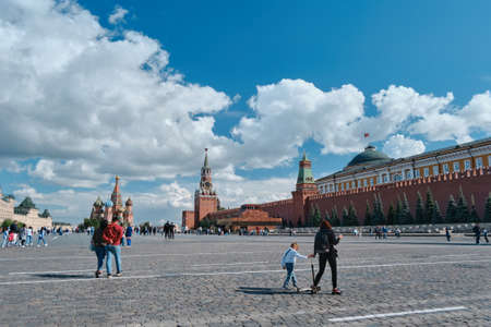Moscow, Russia - 23 Jul 2020: General landscape view at tradition Moscow architecture. City life on the central streets of the city. The citizens go on their own business. Automobile traffic.のeditorial素材