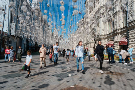 Moscow, Russia - 23 Jul 2020: General landscape view at tradition Moscow architecture. City life on the central streets of the city. The citizens go on their own business. Automobile traffic.のeditorial素材