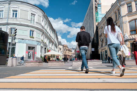 Moscow, Russia - 23 Jul 2020: General landscape view at tradition Moscow architecture. City life on the central streets of the city. The citizens go on their own business. Automobile traffic.のeditorial素材
