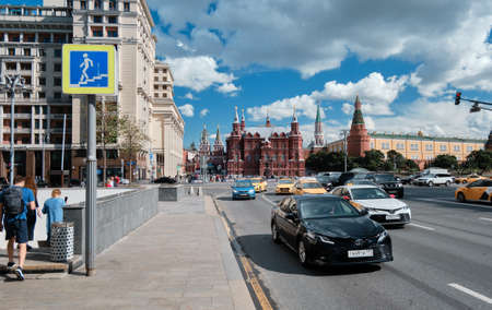 Moscow, Russia - 23 Jul 2020: General landscape view at tradition Moscow architecture. City life on the central streets of the city. The citizens go on their own business. Automobile traffic.のeditorial素材