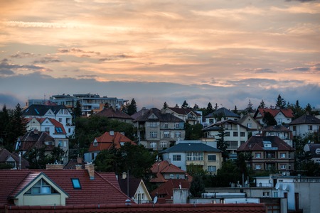 Cityscape of Bratislava at summer evening, view from the hill of Bratislava castleの写真素材
