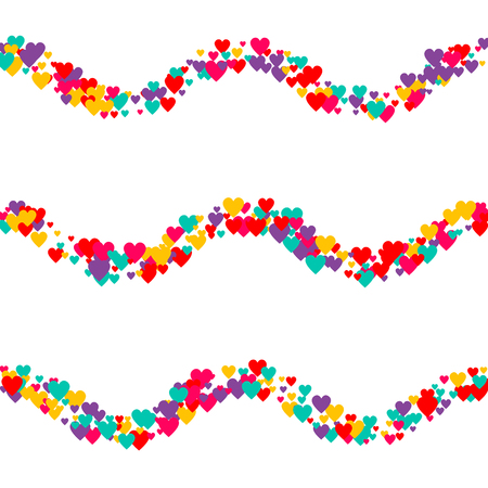 Candy of red, yellow, blue and purple hearts on a white background. Flying confetti from hearts. Valentine's day card.のイラスト素材