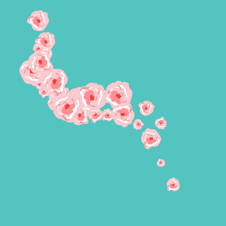 Floral Summer Poster With Pink Roses On A Blue Background. Romantic Background With Roses For Wedding And Greeting For Valentine's Day.のイラスト素材