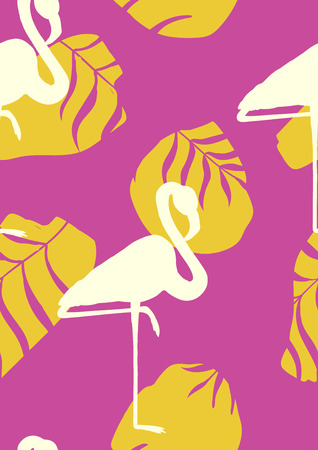 Pattern with pink flamingo. Floral seamless pattern with flamingo and tropical leaves.のイラスト素材