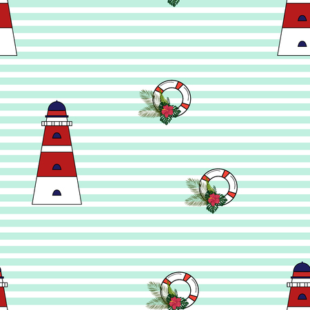Lighthouse, tropical leaves and lifebuoy seamless pattern.のイラスト素材