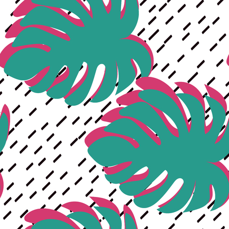 Floral seamless pattern with monstera leaves. Green and pink leaves of Monstera. Line Background. Tropical pattern with leaves.のイラスト素材