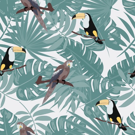 Tropical seamless pattern with toucan, parrot and tropical flowers and leaves. Tropical birds.