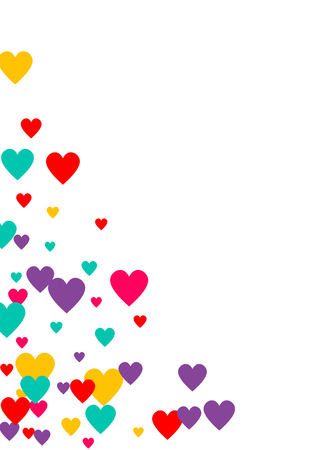 Candy of red, yellow, blue and purple hearts on a white background. Flying confetti from hearts. Valentine's day card.のイラスト素材