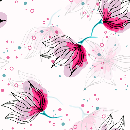 Pink hibiscus flowers tropical vector seamless pattern. Exotic pattern with delicate buds. Floral Hawaiian style textile background with flowers.のイラスト素材