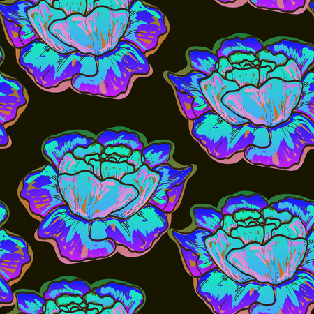 Neon flowers peonies pattern. Floral seamless pattern with blue peony flowers on a dark background. Vintage background with peonies and roses.のイラスト素材