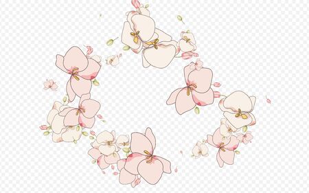 Red Floral Nature Vector Transparent Background. Tropical Branch Invitation. Pink Bouquet Graphic Decoration. Orchid Drawn Layout.のイラスト素材