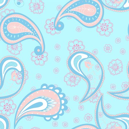 Pink Floral India Vector Seamless Pattern. Abstract Leaf Print. Ornament Ethnic Wallpaper. Blue Fabric Background.のイラスト素材
