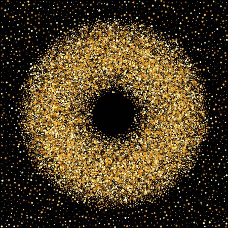 Gold Dot Paper Black Background. Christmas Round Banner. Golden Confetti Rich Postcard. Rain Golden Illustration.のイラスト素材