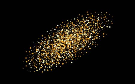 Gold Polka Isolated Black Background. Falling Confetti Wallpaper. Golden Rain Happy Backdrop. Round Paper Postcard.のイラスト素材