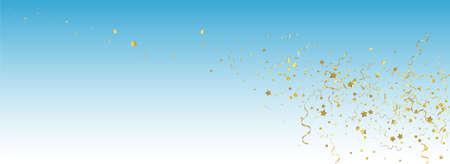 Gold Serpentine Fun Vector Panoramic Blue Background. Carnival Ribbon Plant. Streamer Paper Design. Yellow Swirl Poster.のイラスト素材