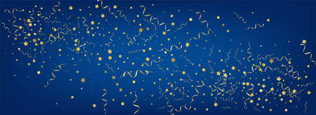 Gold Streamer Shiny Vector Panoramic Blue Background. Happy Ribbon Invitation. Star Carnival Template. Yellow Fun Poster.のイラスト素材