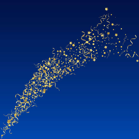 Golden Confetti Party Vector Blue Background. Carnival Serpentine Template. Streamer Happy Branch. Yellow Falling Invitation.のイラスト素材