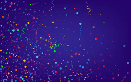 Variegated Ribbon Anniversary Vector Blue Background. Flying Spiral Design. Confetti Carnival Template. Colored Shiny Poster.のイラスト素材