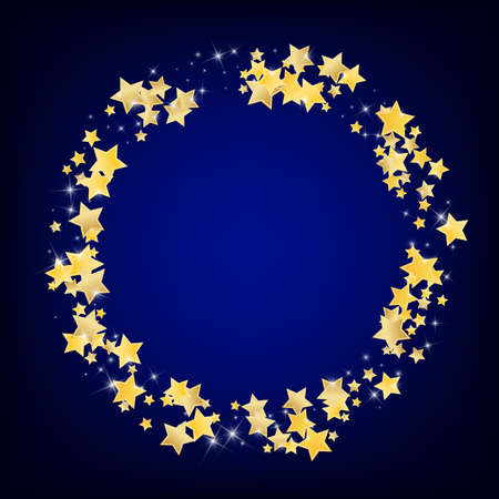 Yellow Decoration Stars Vector Blue Background. Shiny Glow Texture. Sparkle Border. Golden Party Glitter Illustration.の写真素材