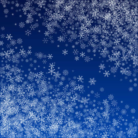 White Snow Vector Blue Background. Light Snowfall Design. Gray magic Backdrop. Winter Snowflake Texture.のイラスト素材