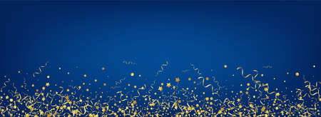 Yellow Confetti Decoration Vector Panoramic Blue Background. Christmas Serpentine Design. Streamer Falling Branch. Gold Swirl Template.のイラスト素材