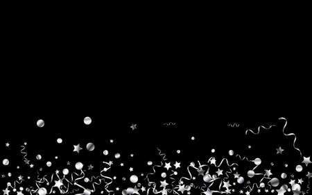 Silver Confetti Flying Vector Black Background. Celebration Star Plant. Ribbon Celebrate Branch. Silver Fun Illustration.のイラスト素材