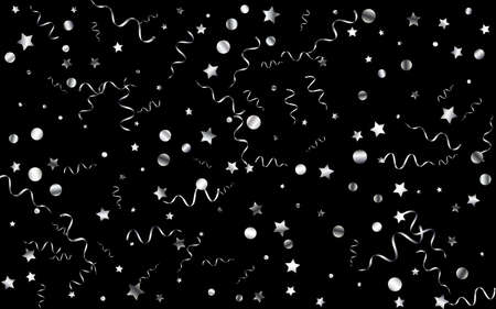 Silver Ribbon Celebrate Vector Black Background. Festive Serpentine Illustration. Streamer Party Poster. Silver Celebration Template.のイラスト素材