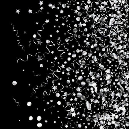 Silver Serpentine Swirl Vector Black Background. Fun Confetti Branch. Streamer Abstract Illustration. Silver Celebration Poster.のイラスト素材