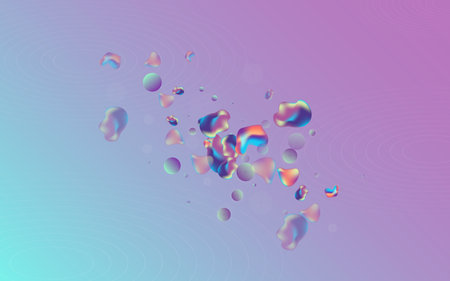 Iridescent Bubbles Creative Vector Blue Background. Modern Elements Banner. Hologram Fashion Blob Brochure. Neon Minimal Layout.のイラスト素材