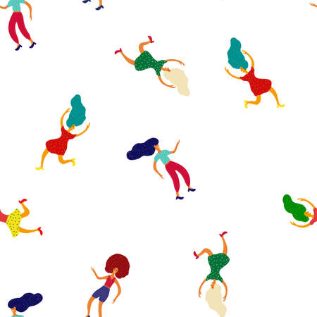Funny Woman Isolated Vector White Seamless Pattern. Fashion Joy Person Banner. Dance Youth Template. Color Girl Fun Background. Celebrate People Retro Wallpaper.のイラスト素材