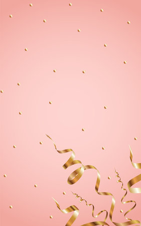 Yellow Confetti Swirl Vector Pink Background. Party Streamer Branch. Serpentine Anniversary Plant. Golden Christmas Illustration.のイラスト素材