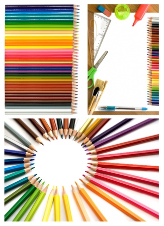 colorful pencils and office supplies collage の写真素材